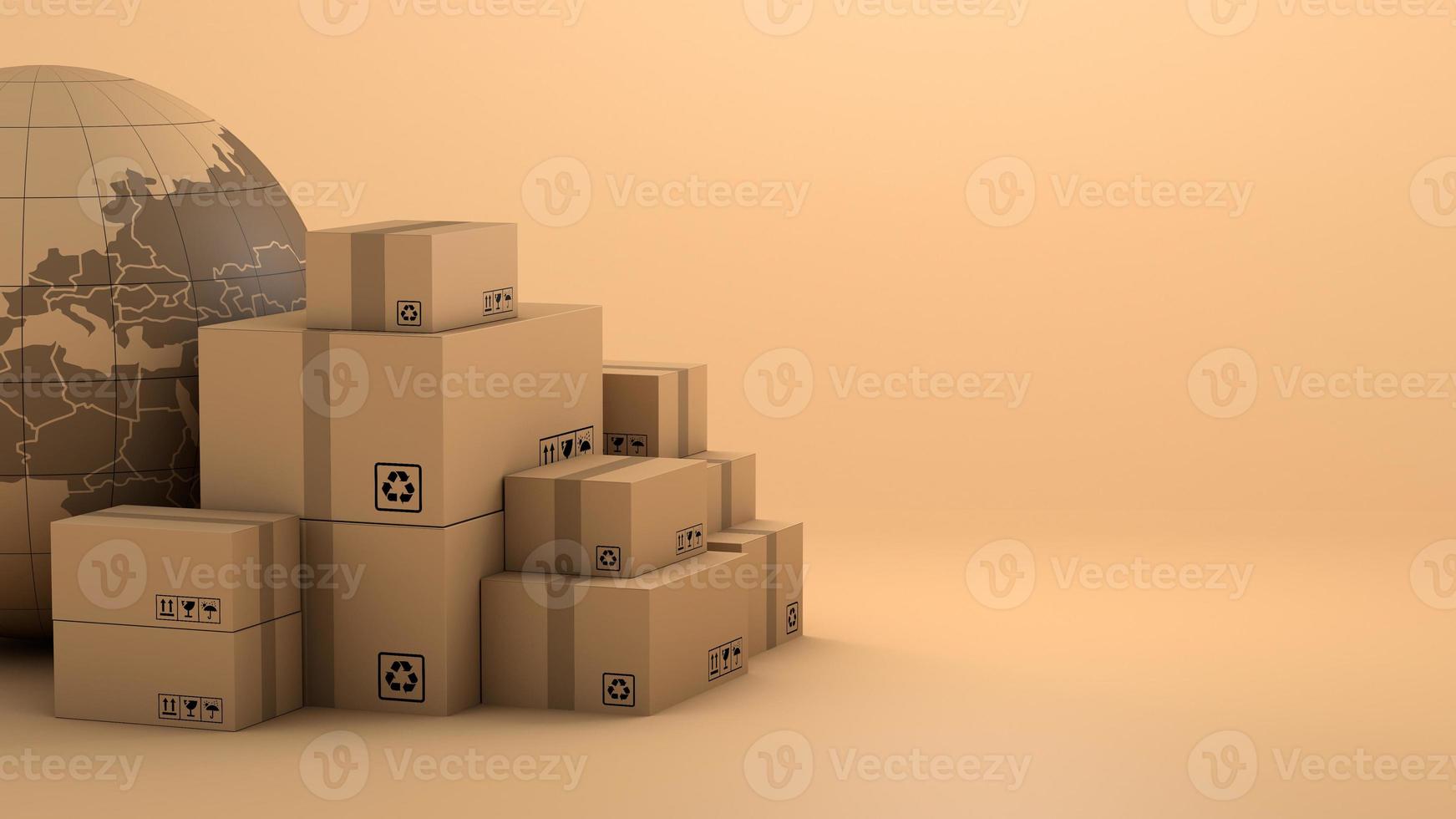 Stack of brown box packaging for goods, shipping business worldwide, 3d rendering photo