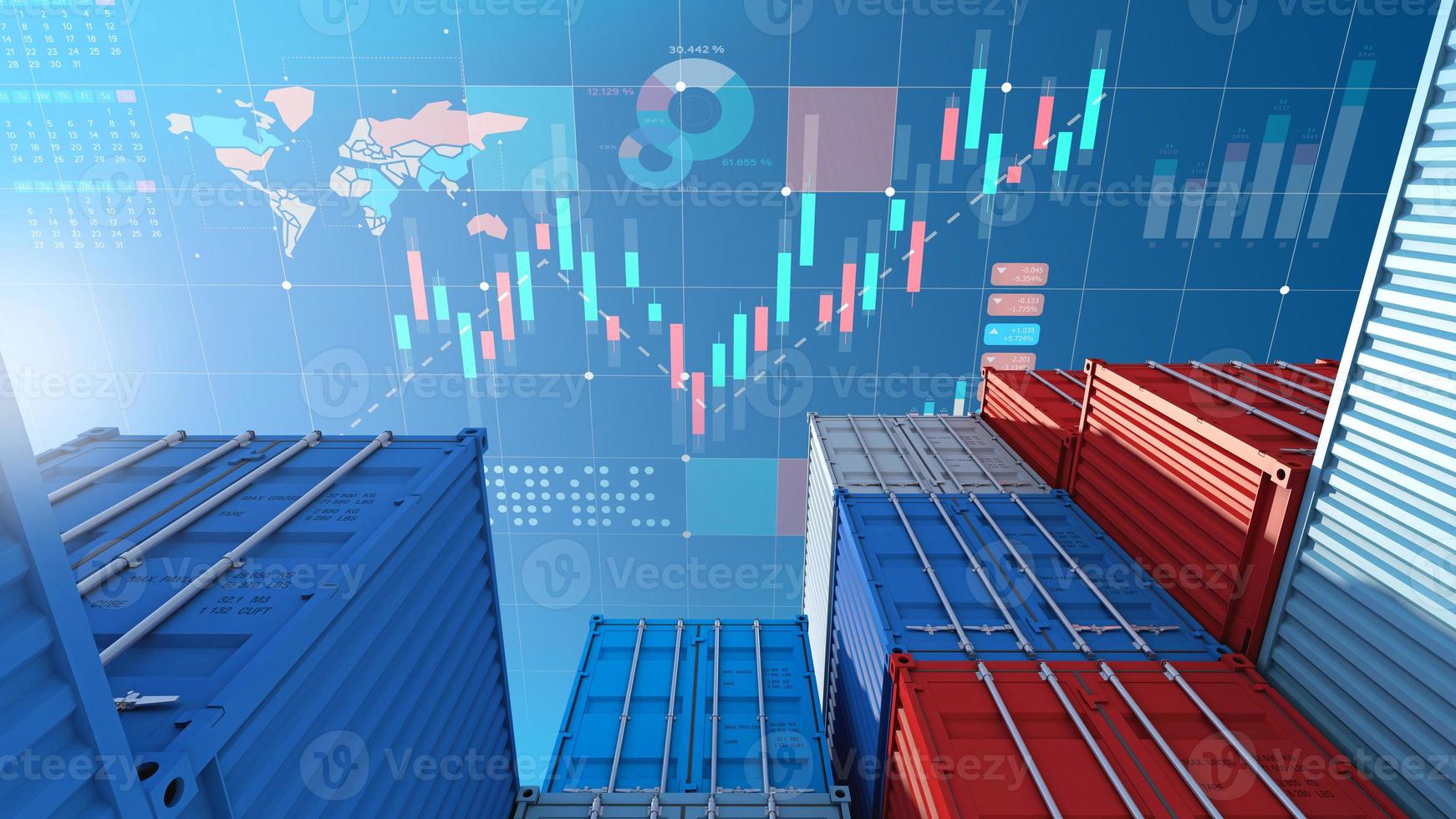 Container cargo for import export business and digital stock market chart , 3d rendering photo