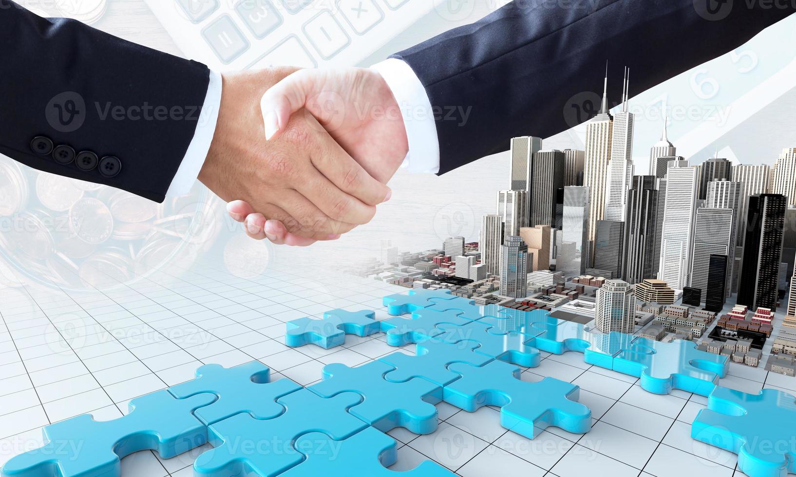 Merger and acquisition business concept, join company on puzzle pieces and handshake, 3d render photo