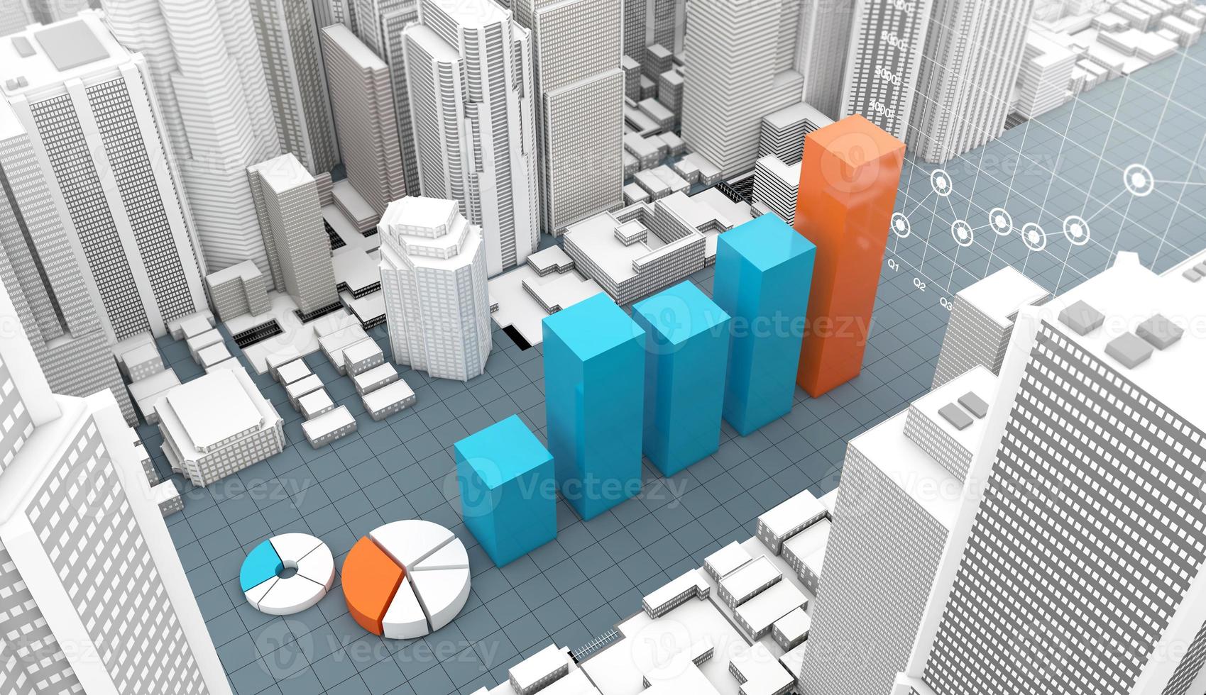 gráfico de infografías de negocios en la ciudad de construcción moderna, representación 3d foto