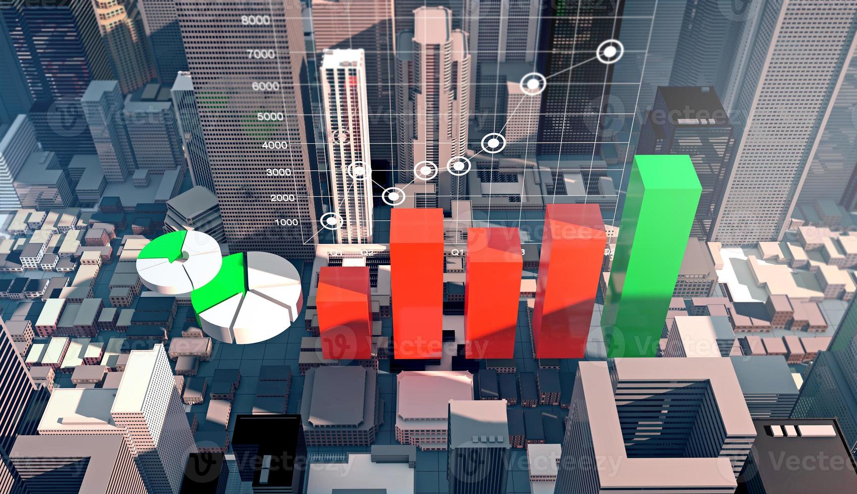 Business infographics chart in modern building city, 3d rendering photo