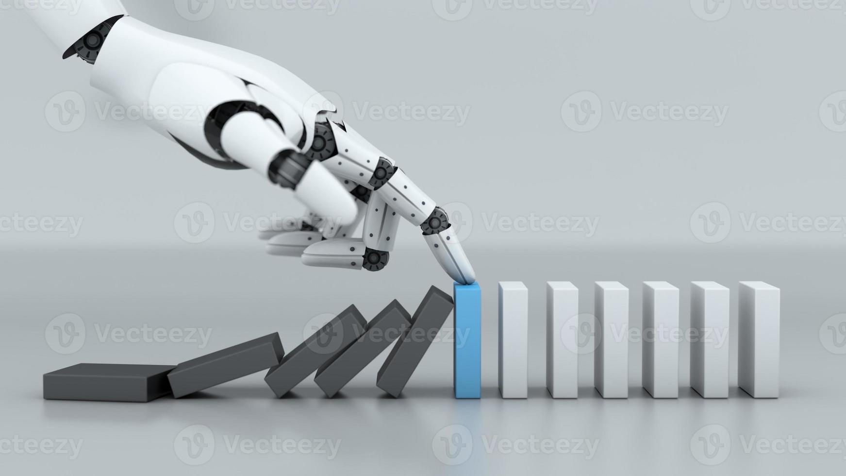 Robot hand stop crisis domino effect business, A.I. and machine technology, 3d rendering photo