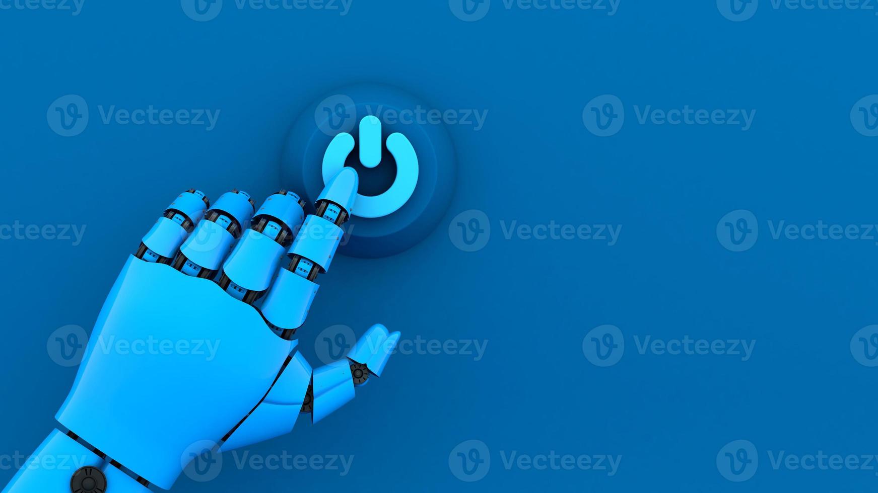 Blue robot hand press turn on button, start A.I. machine system for business, 3D rendering photo