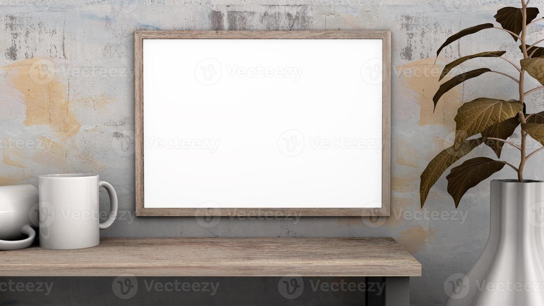 Mockup wood frame, horizontal white blank photo in vintage room, 3d rendering