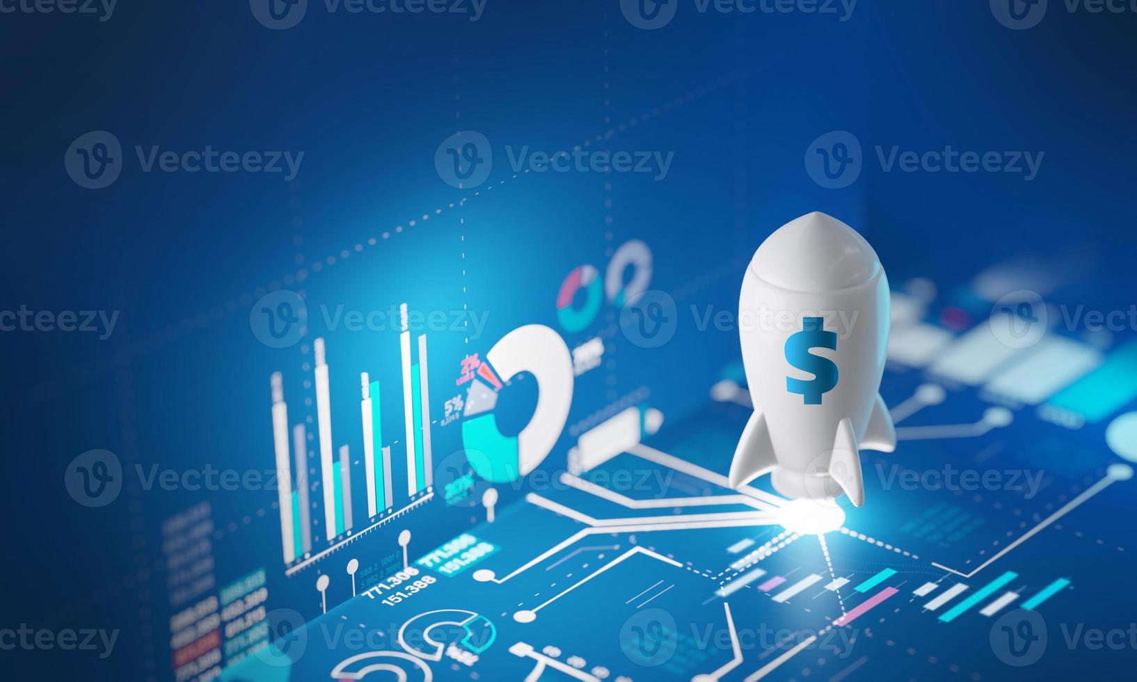 White rocket show startup launching on blue screen of business investment graph chart background, 3d rendering photo