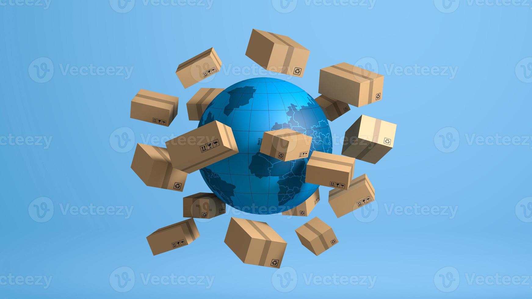 Stack of brown box packaging for goods, shipping business worldwide, 3d rendering photo