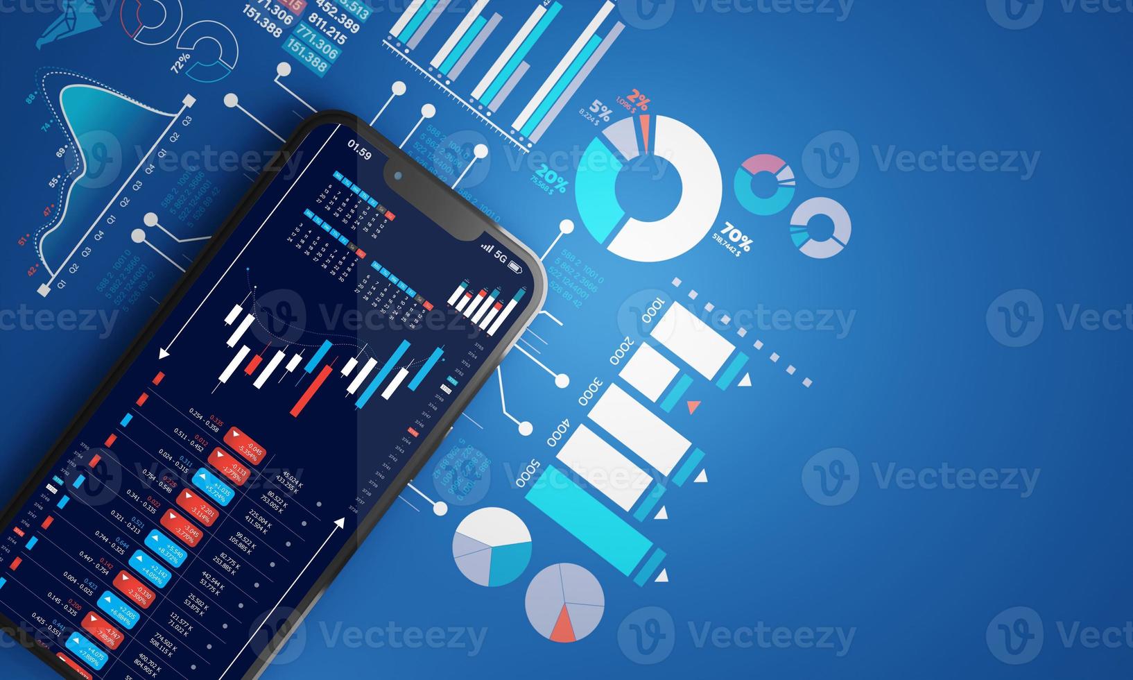 comercio de valores en el fondo del gráfico de inversión empresarial azul y smartphone, representación 3d foto