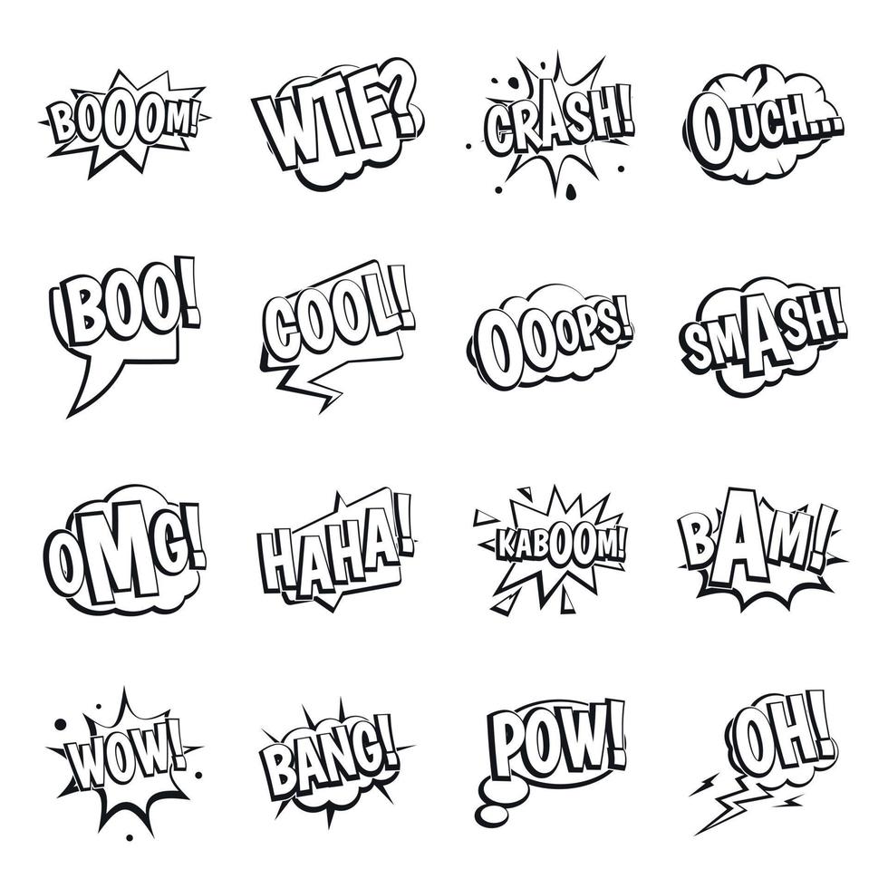 Comic colored sound icons set, simple style vector