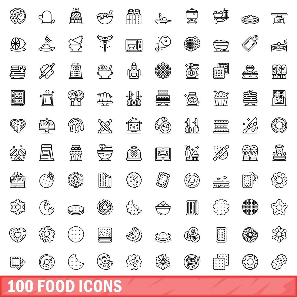 100 iconos de alimentos, estilo de esquema vector