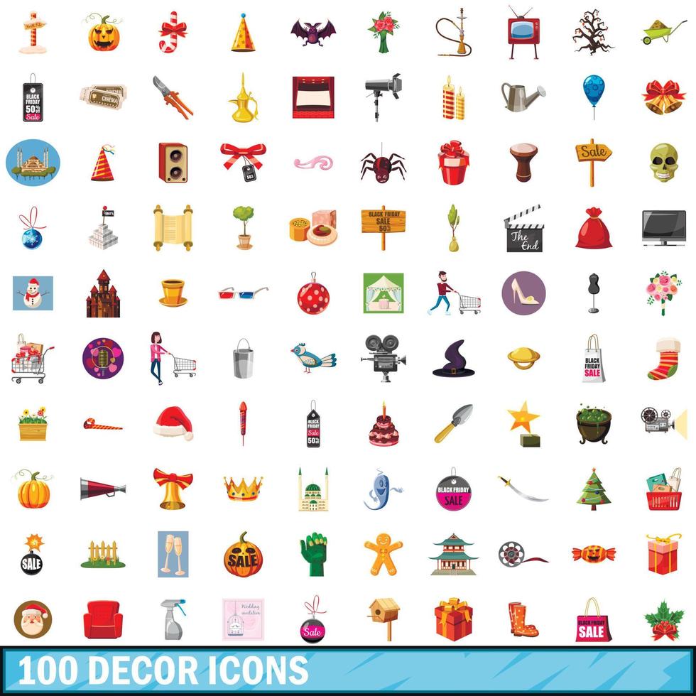 100 iconos de decoración, estilo de dibujos animados vector