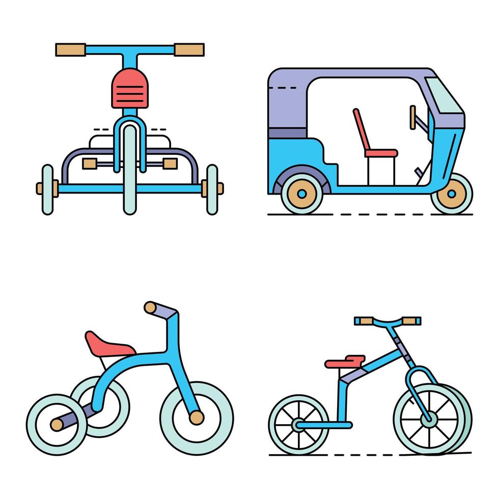 conjunto de iconos de triciclo vector de color de línea