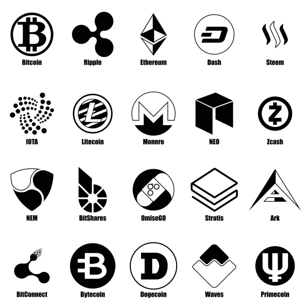 conjunto de iconos de tipos de criptomonedas, estilo simple vector