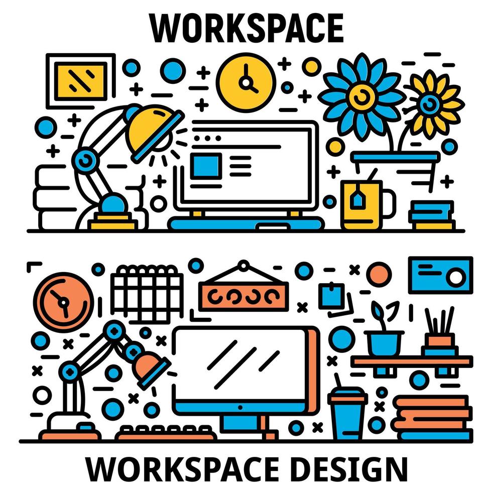 Workplace banner set, outline style vector