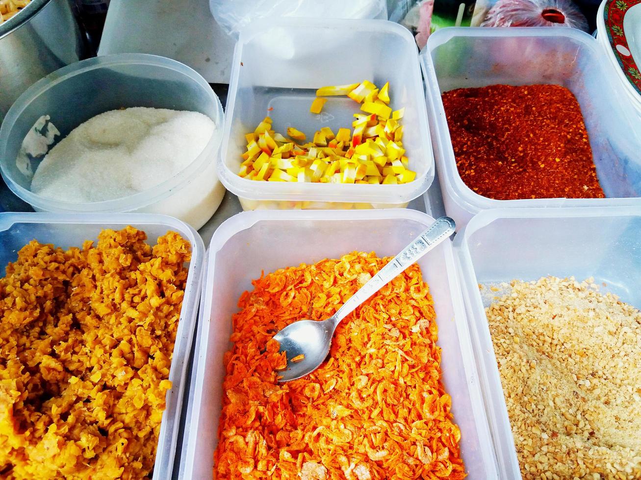 Colorful of ingredients, They are ingredients for cooking pad Thai. Thai food style at street food market. Preparing for cooking Thai local food concept photo