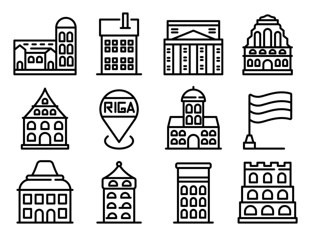 conjunto de iconos de riga, estilo de esquema vector