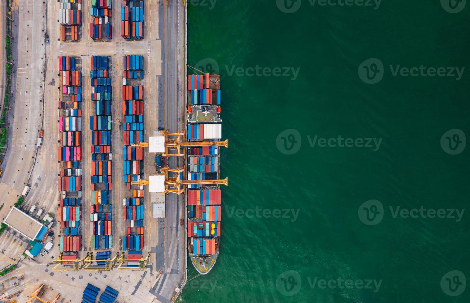 Aerial view from drone Logistics and transportation of Container Cargo ship and Cargo import export , Business logistics concept, photo