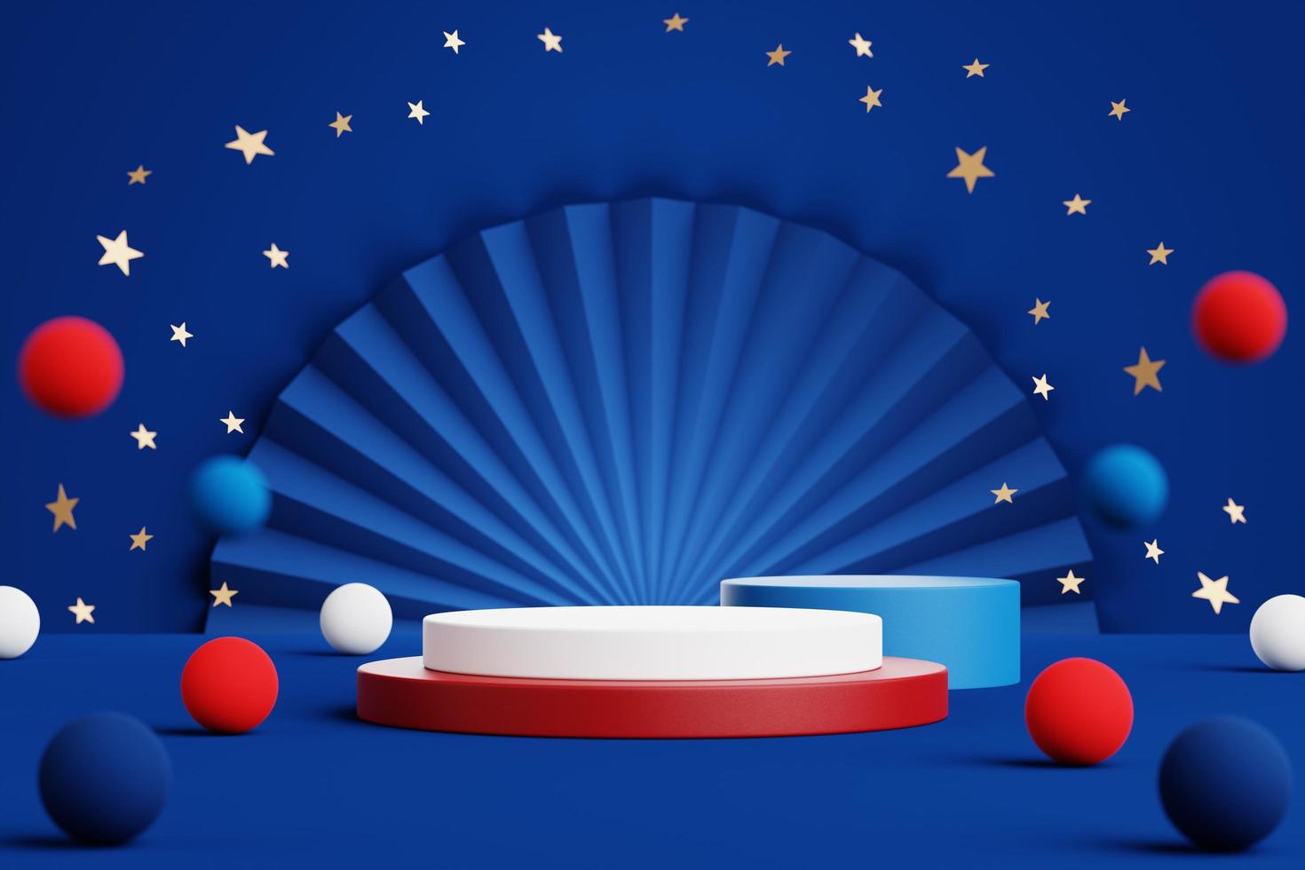 Abstract geometric shape podium for product display on blue background. 4th of july. 3d rendering. photo