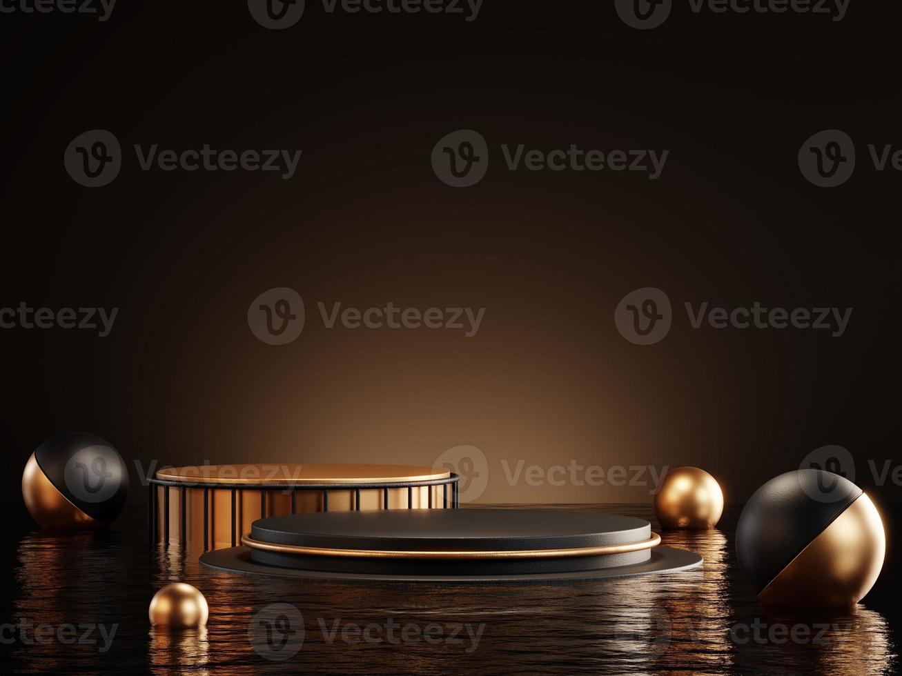 3d rendering of luxury black podium on water for product display. photo