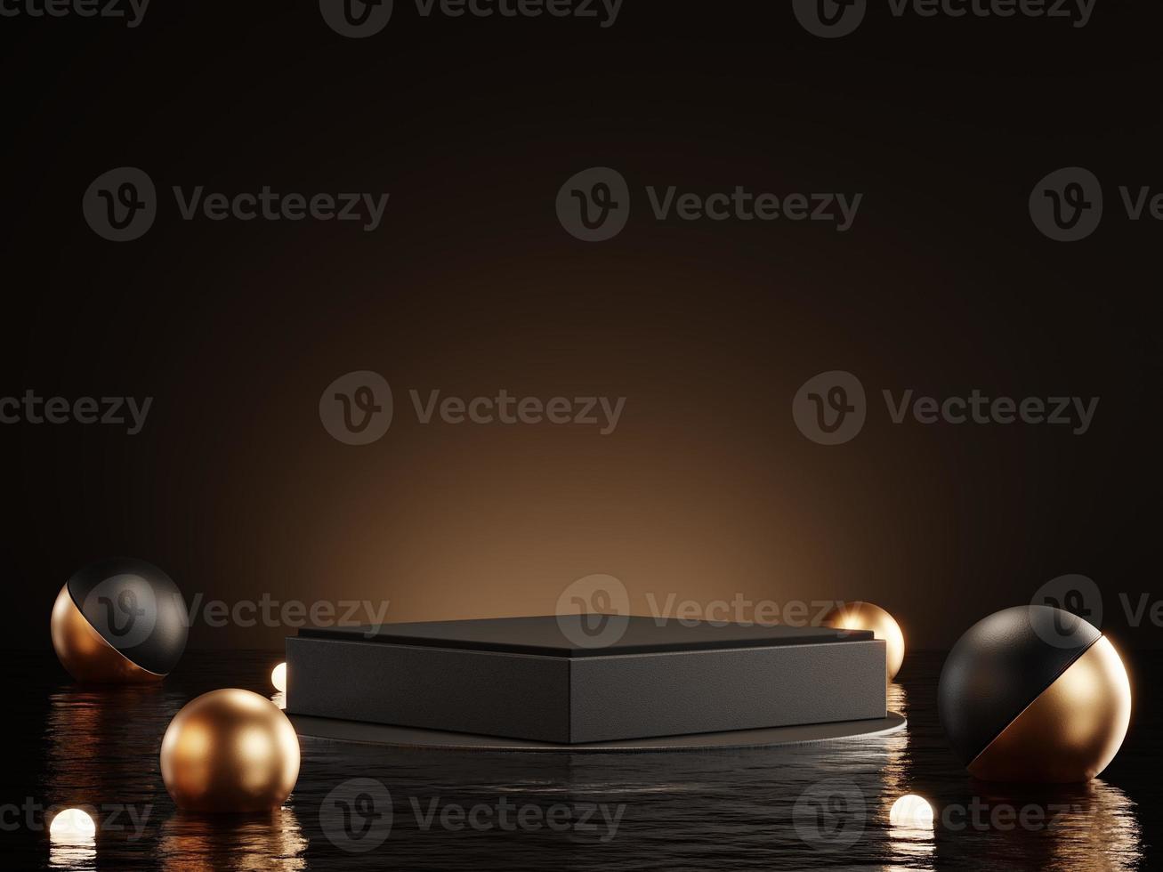 3d rendering of luxury black podium on water for product display. photo
