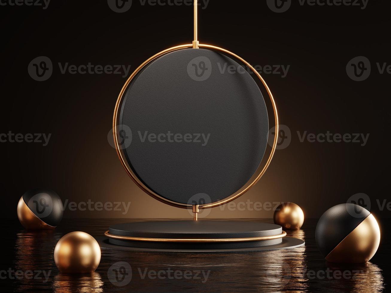 3d rendering of luxury black podium on water for product display. photo