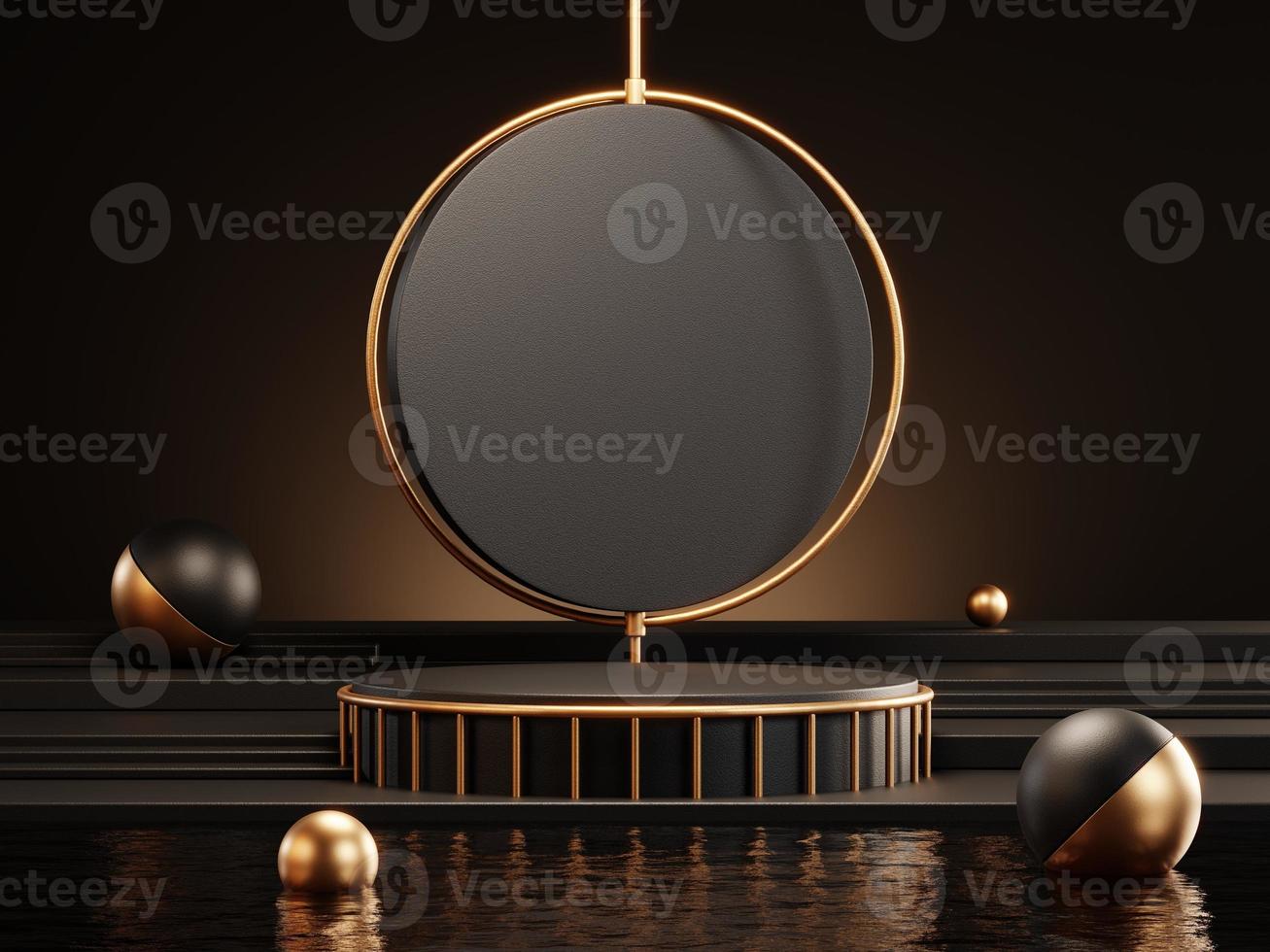 3d rendering of luxury black podium on water for product display. photo