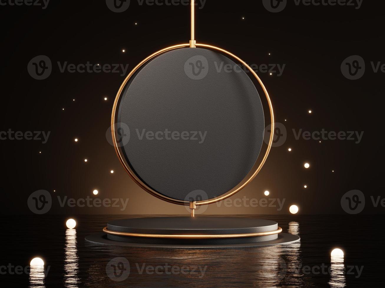 3d rendering of luxury black podium on water for product display. photo