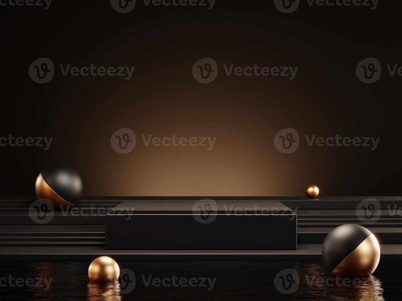 3d rendering of luxury black podium on water for product display. photo