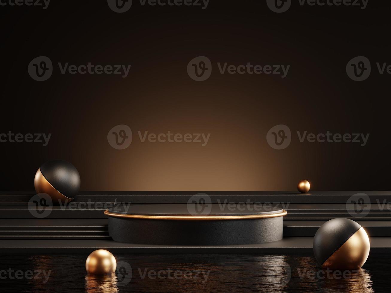 3d rendering of luxury black podium on water for product display. photo