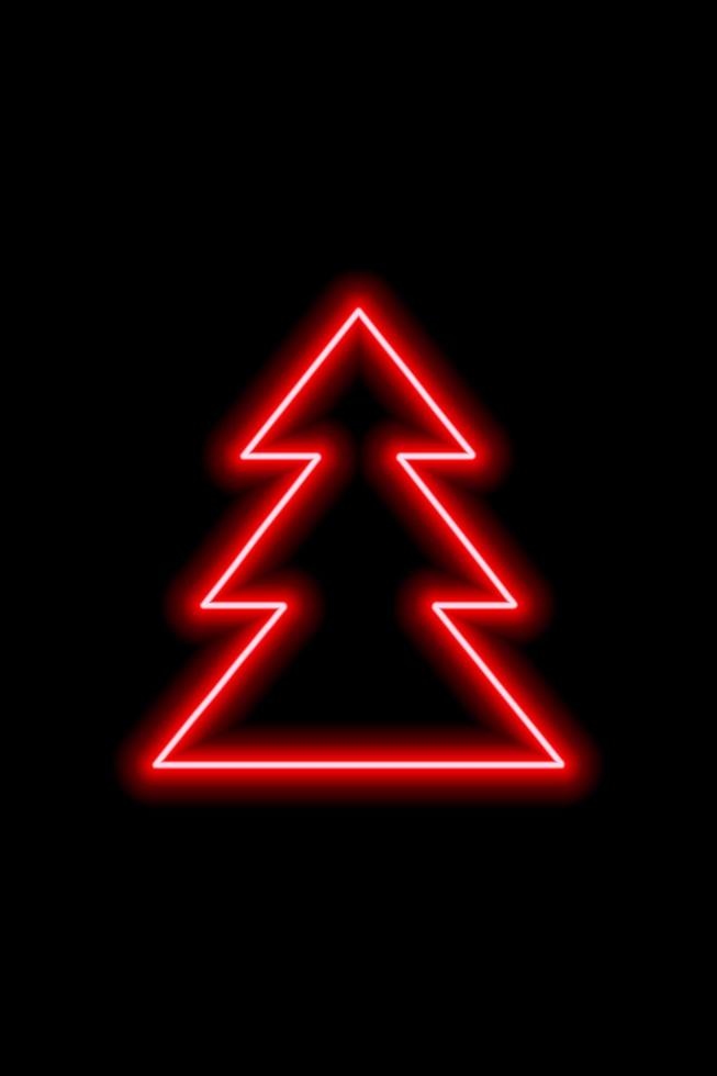 Simple red neon shape of a Christmas tree on a black background. Vector illustration