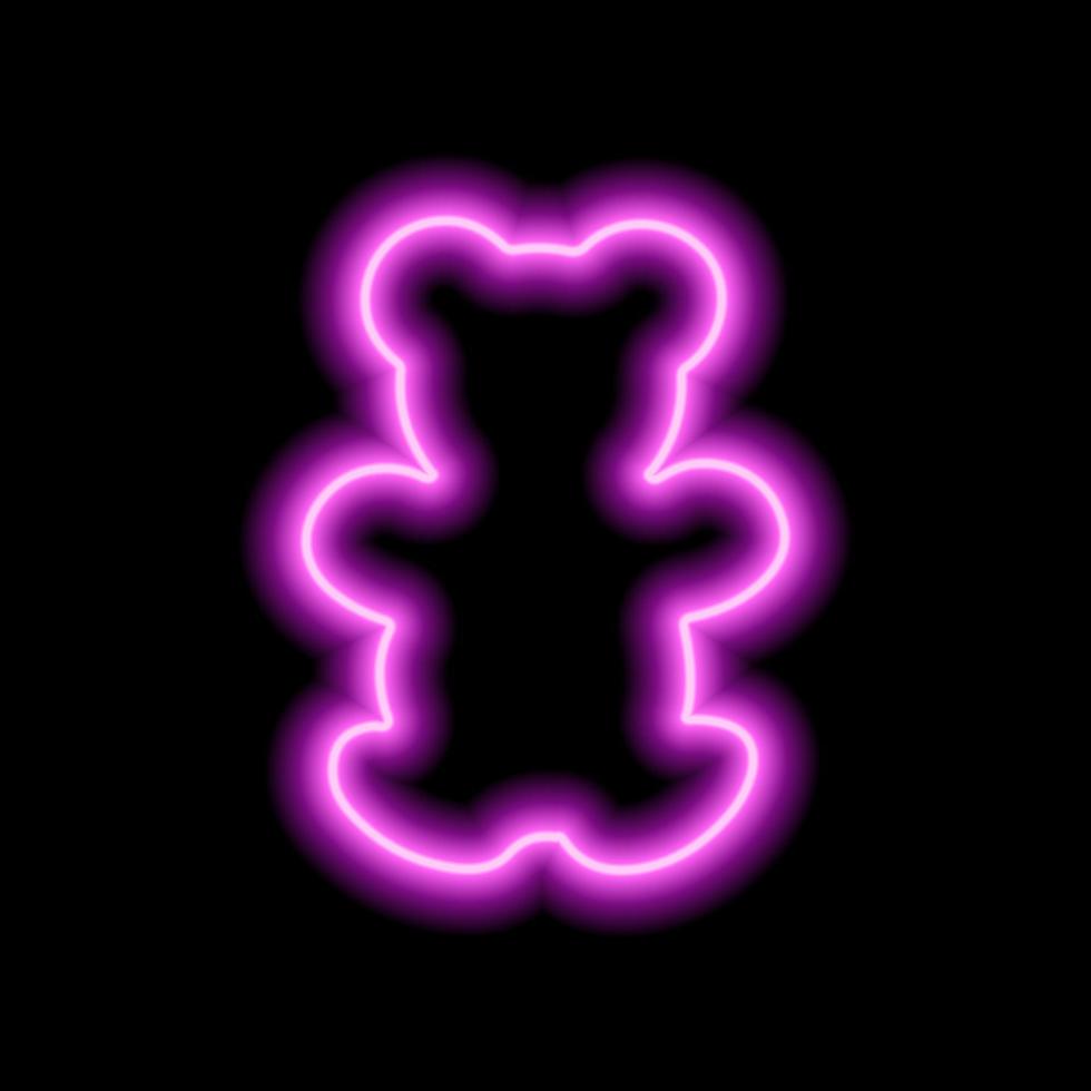 The outline of a neon pink bear on a black background. Toy. Vector illustration