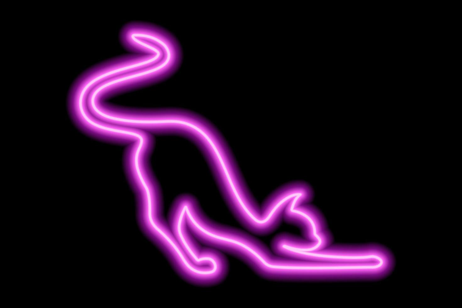 Pink neon cat silhouette. Satisfied cat stretches and waves its tail. Vector illustration