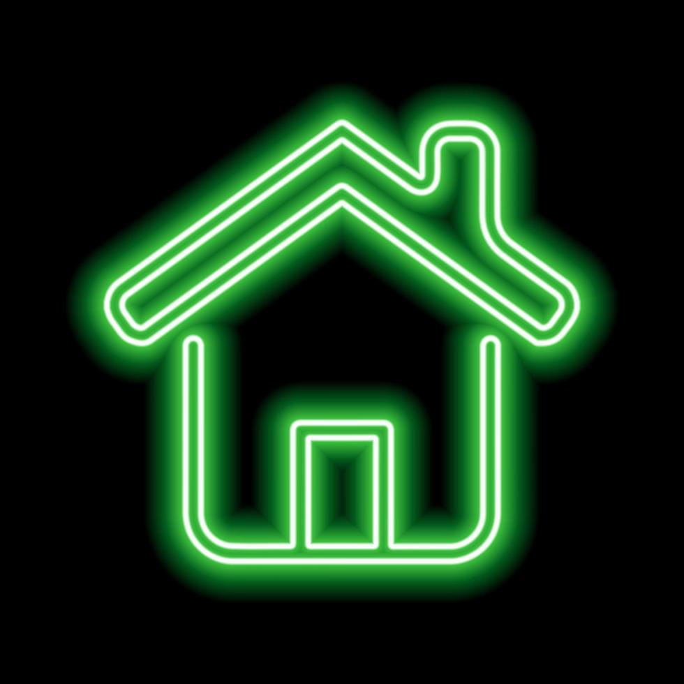 Green neon house icon with door, roof and chimney on a black background. Vector illustration