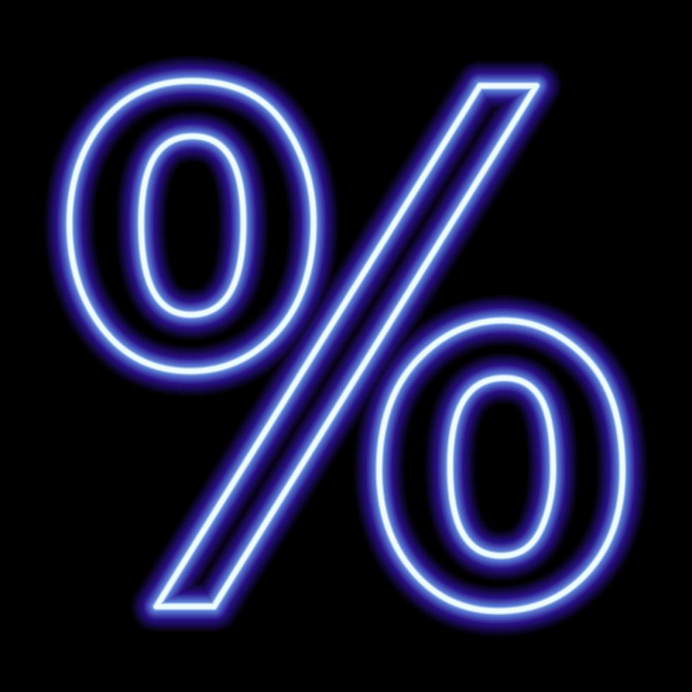 Blue neon percent sign on a black background. Finance, business, discount, ratio. Vector illustration