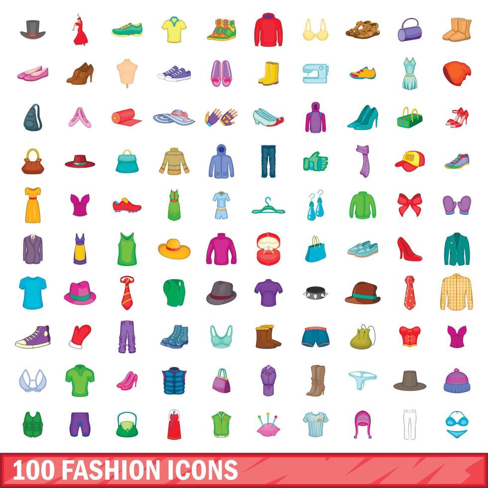 100 iconos de moda, estilo de dibujos animados vector