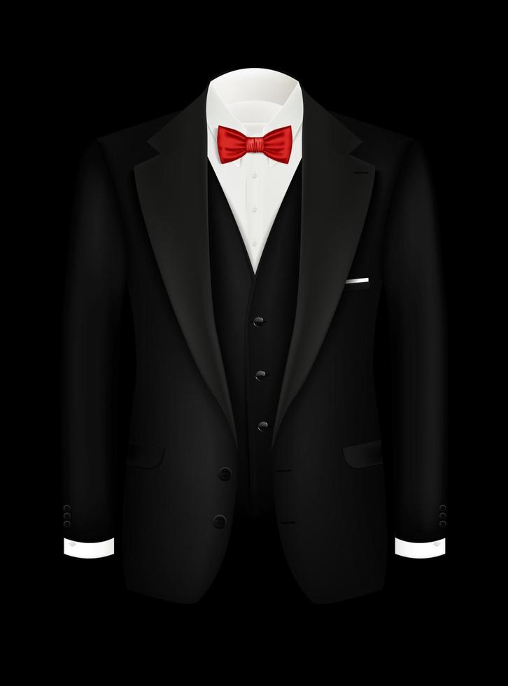 vector de fondo de esmoquin realista con arco. traje de hombre negro, esmoquin con chaleco y camisa blanca. diseño ilustrativo de símbolos masculinos para invitaciones, fiestas corporativas