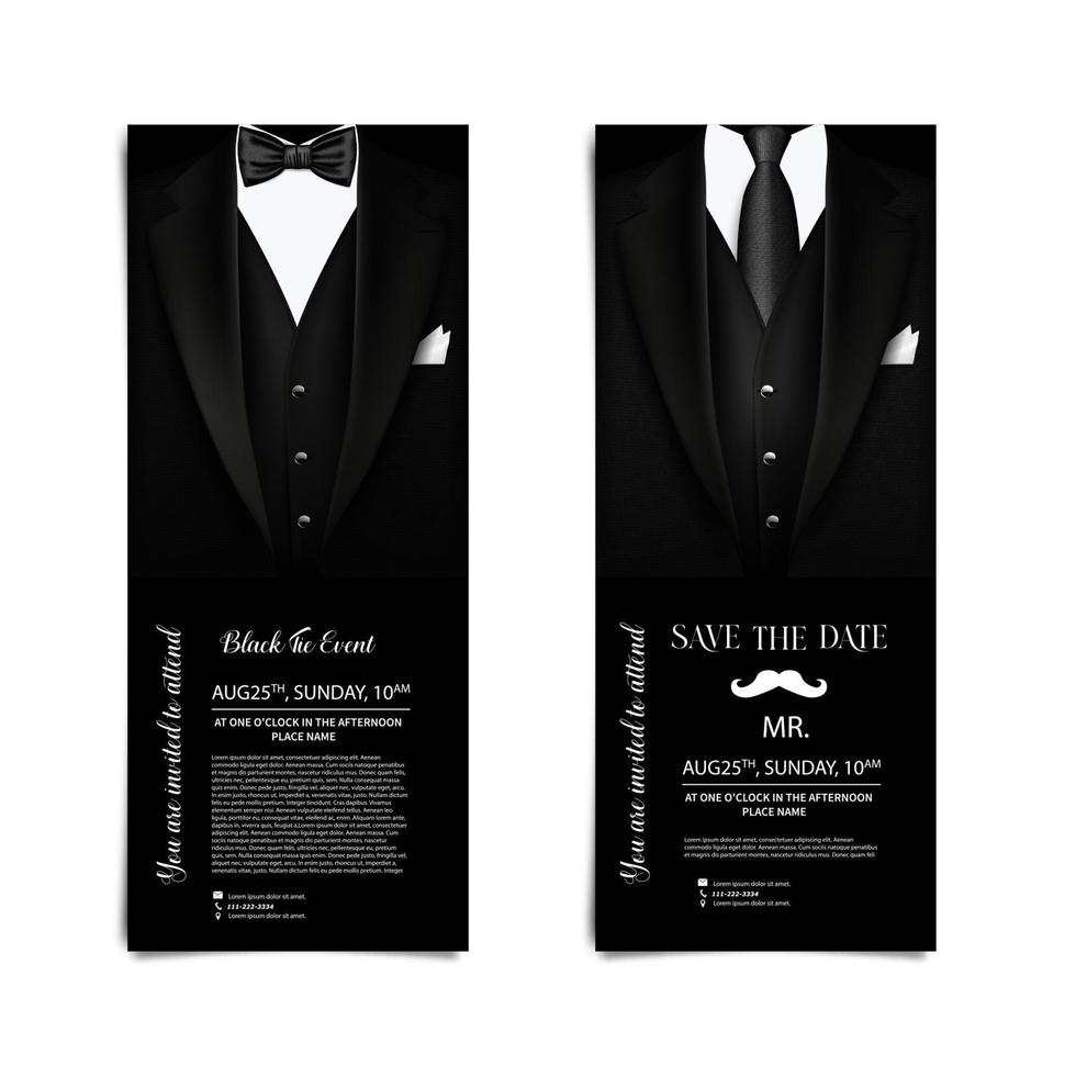 tarjetas de visita vectoriales con traje elegante y esmoquin. folleto de invitación para las vacaciones vector