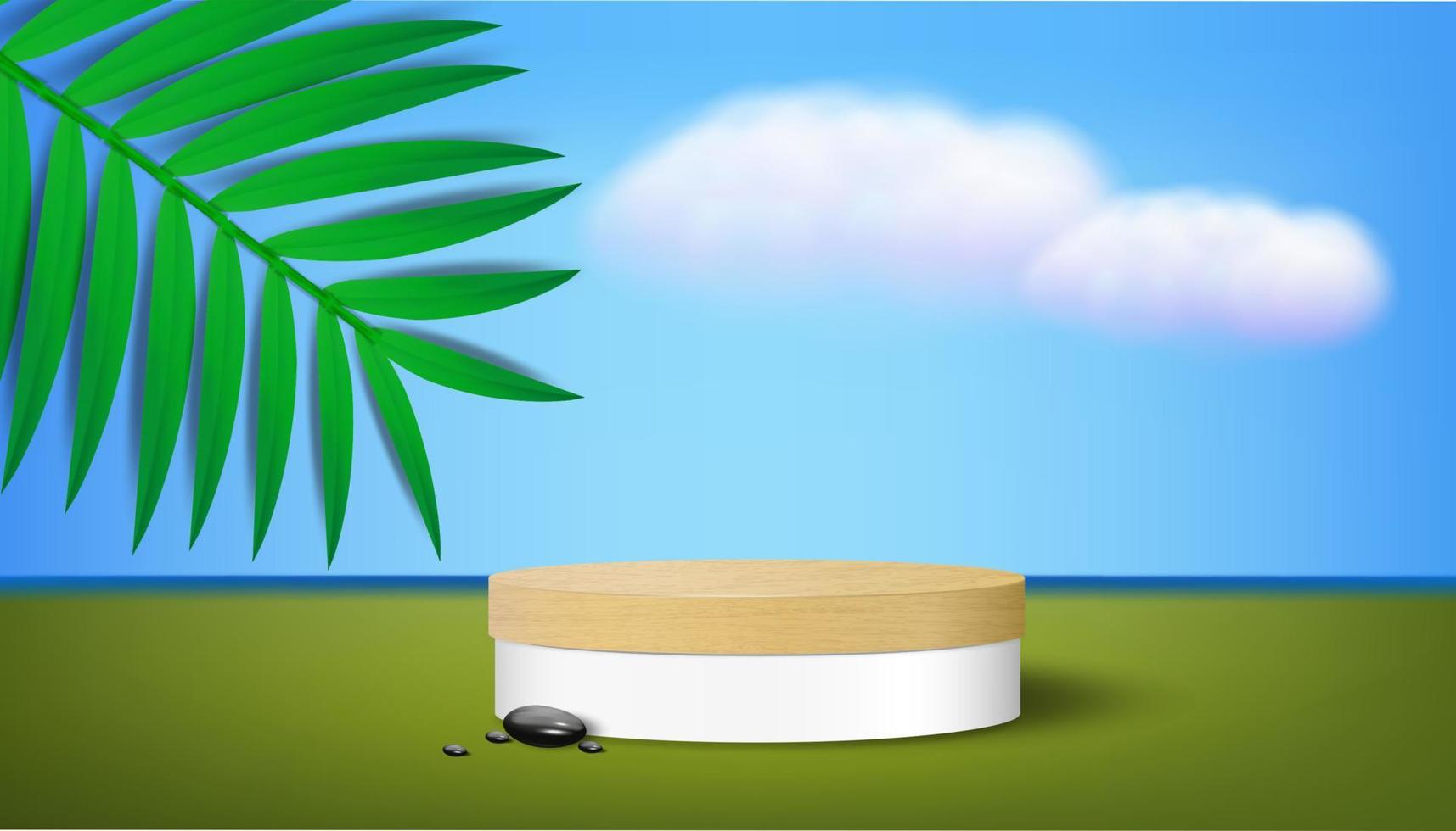 Vector illustration of a white podium with a wooden top and the shadow of tropical palm leaves on a blue-green background. Background for the product presentation.