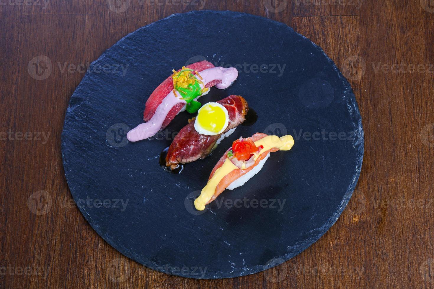 Sushi with tuna, salmon and beef photo