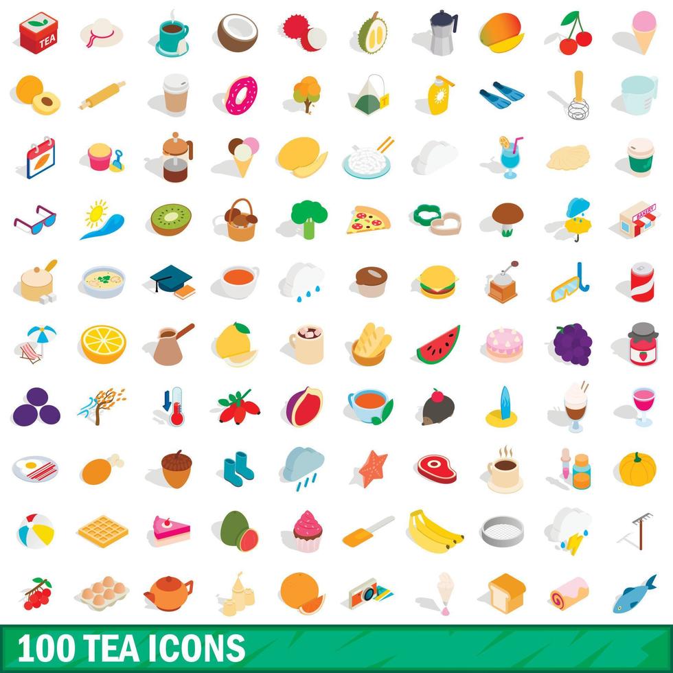 100 tea icons set, isometric 3d style vector