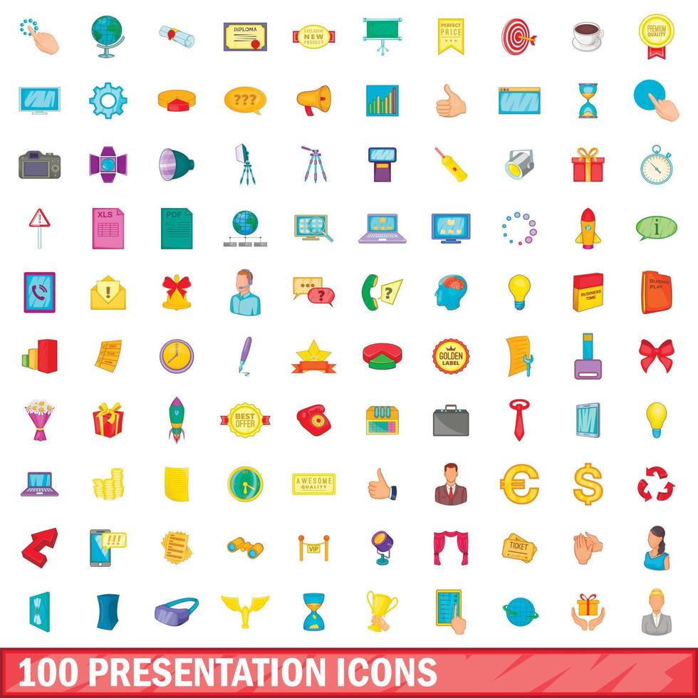 100 iconos de presentación, estilo de dibujos animados vector