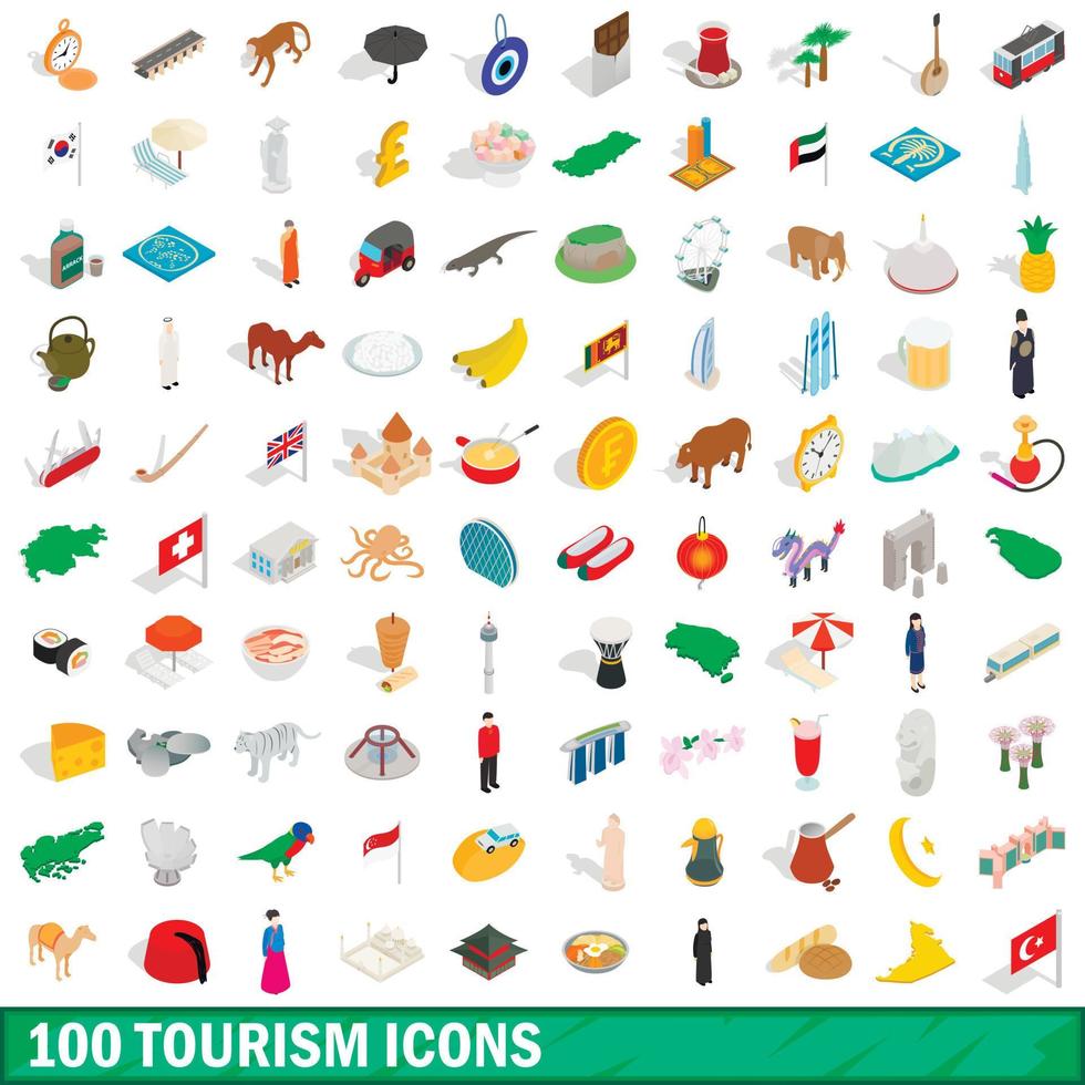 100 tourism icons set, isometric 3d style vector