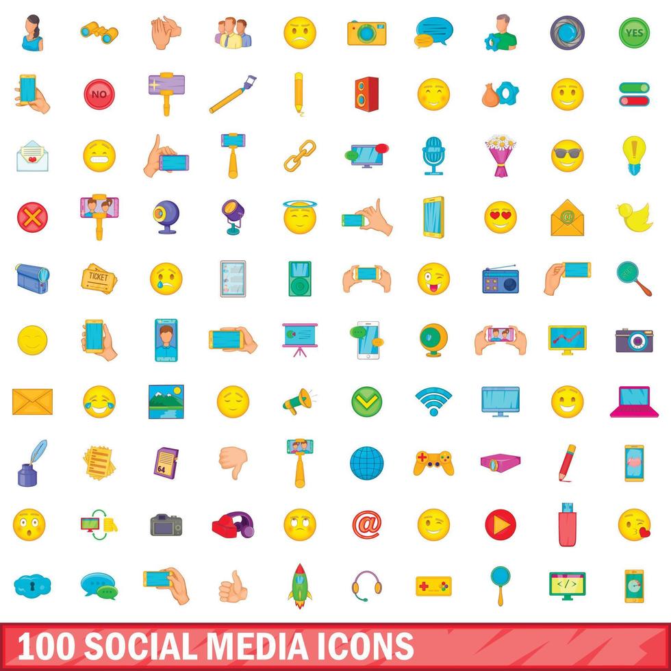 100 iconos de redes sociales, estilo de dibujos animados vector