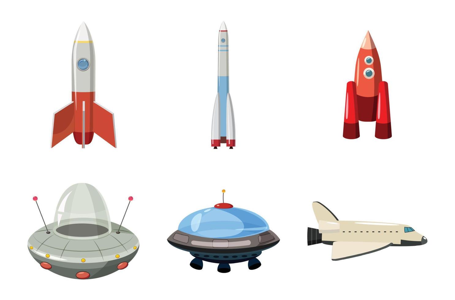 Spaceship icon set, cartoon style vector