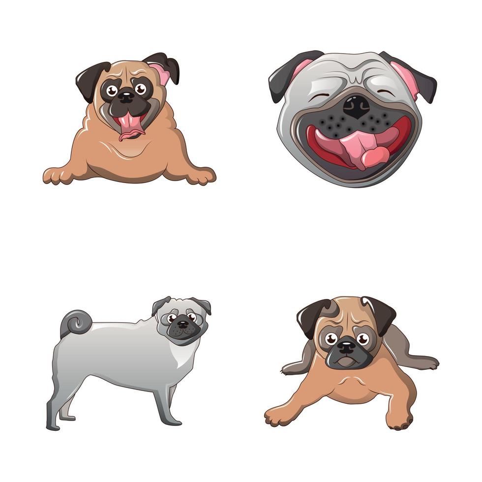 Pug dog icons set, cartoon style vector