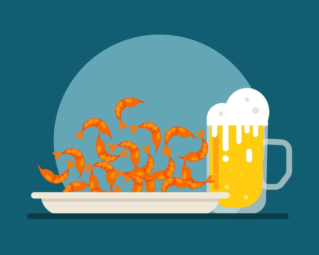 camarones pequeños fritos y crujientes que sirven con un vaso de cerveza. estilo de vector de dibujos animados para su diseño