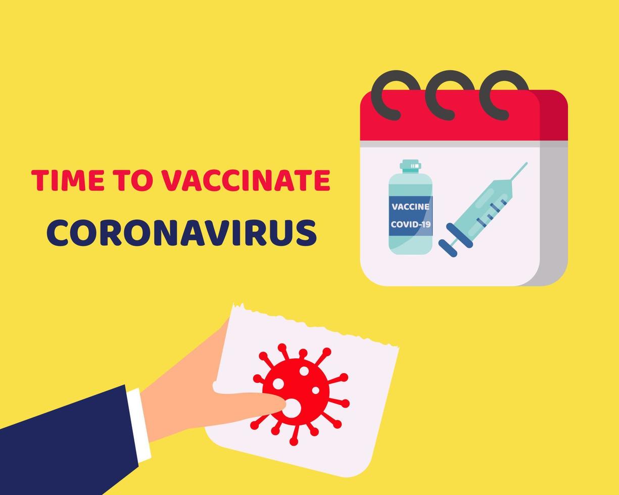 hora de vacunar el concepto de coronavirus. hay virus para tirar o matar a mano y en el calendario de la nueva página está la vacuna covid-19. estilo de vector de dibujos animados para su diseño.