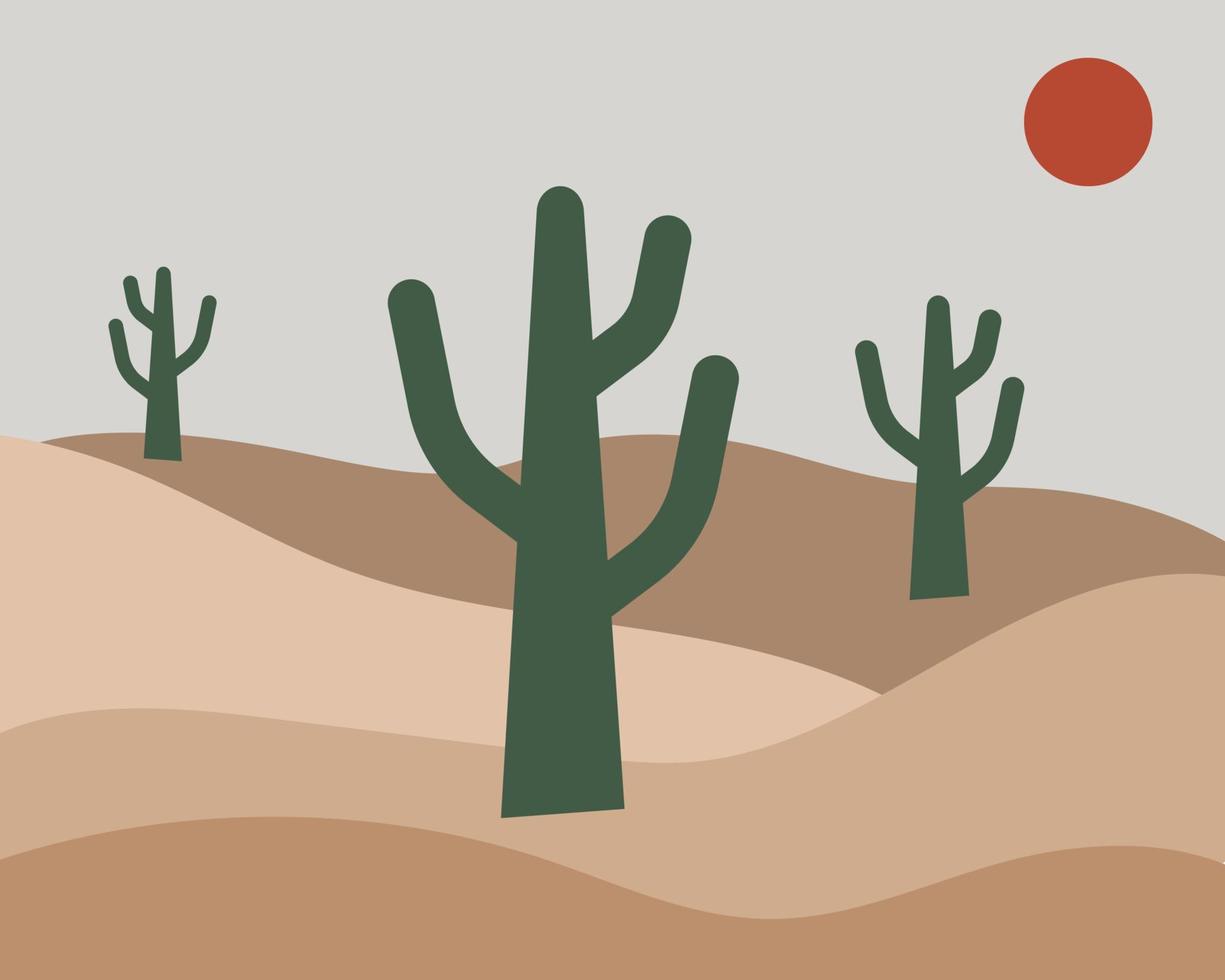 paisaje desértico con cactus y sol candente. vector