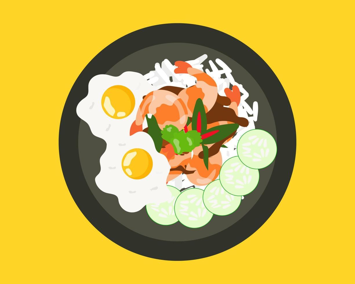 Top view of rice and stir-fried shrimps with Thai holy basil and fried eggs. Asian food style. Cartoon vector style for your design.