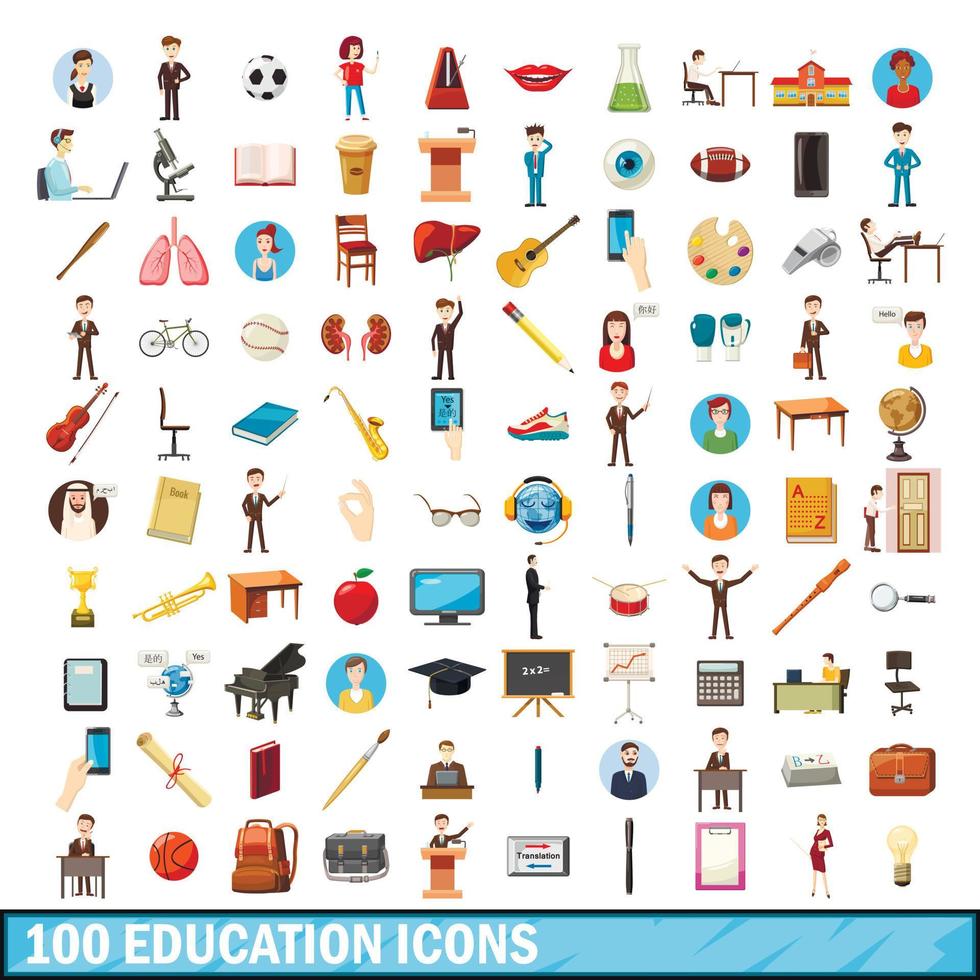 100 education icons set, cartoon style vector