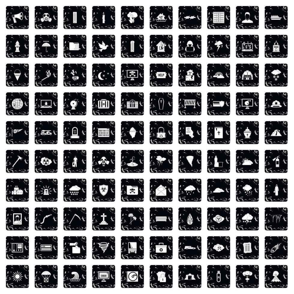 100 natural disasters icons set, grunge style vector